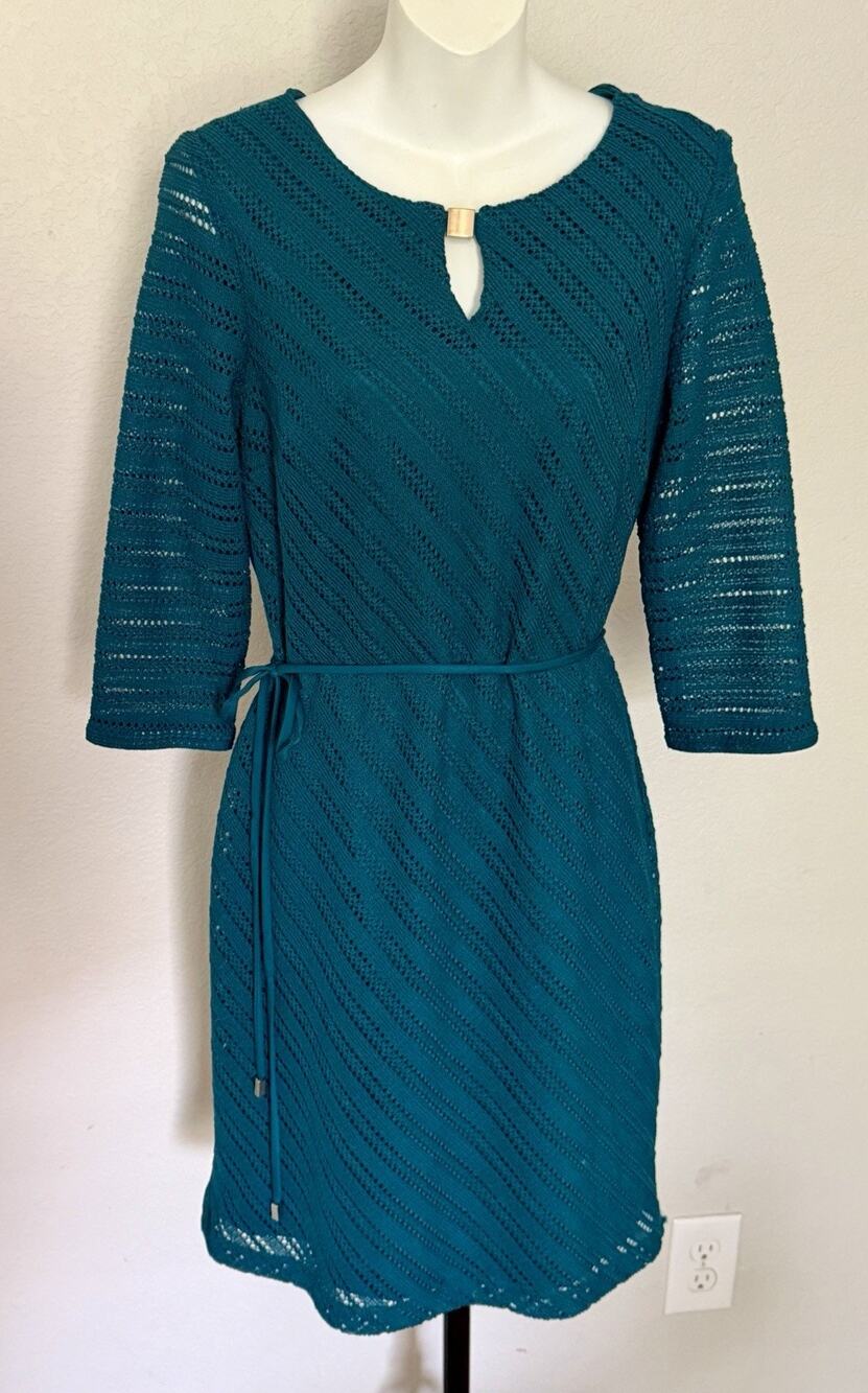 Studio One Teal Knit Belted Midi Dress with Gold Accent